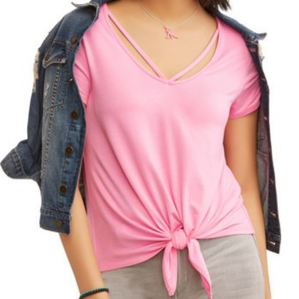 Juniors' Caged V-Neck Knotted Front Short Sleeve